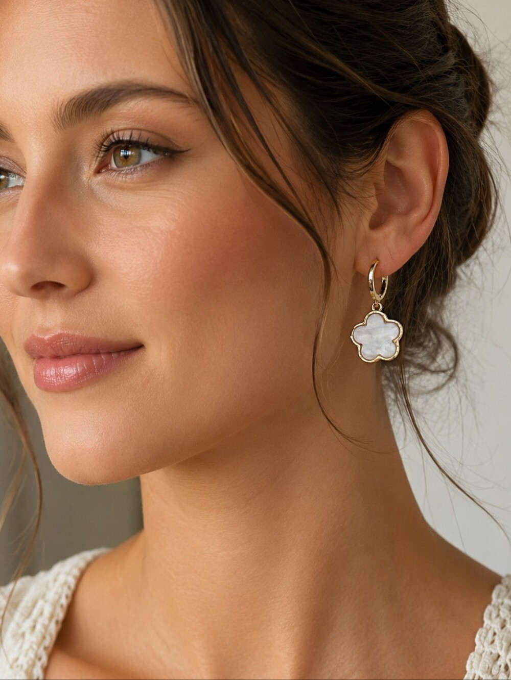 Gold Huggie Hoop Earrings Hanging Floral Mother Of Pearl Inlay Fashion Jewelry